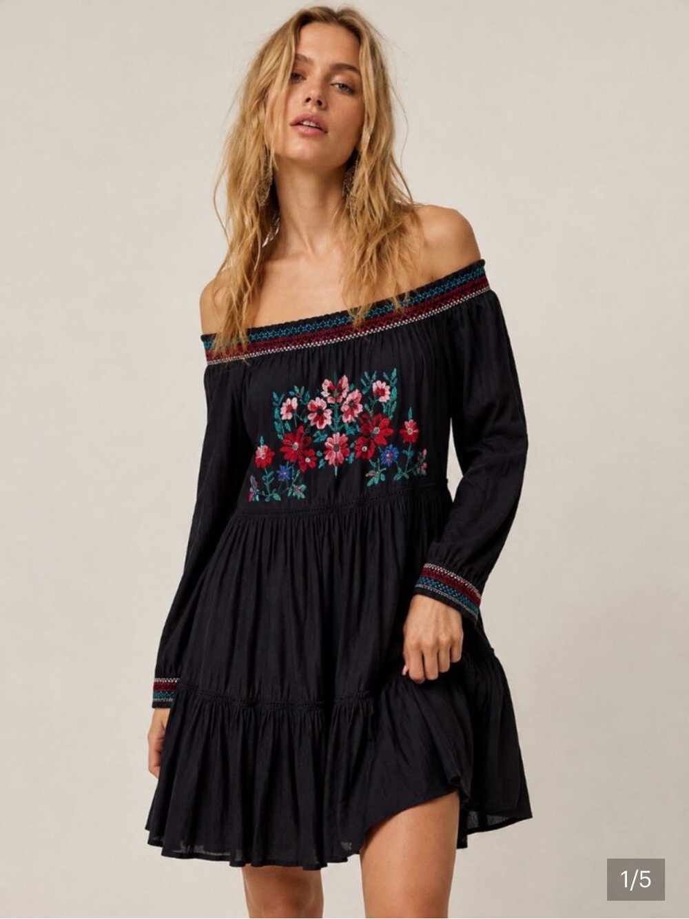 Free People Sunbeams Off the Shoulder Black Embroidered Boho Mini Dress Small